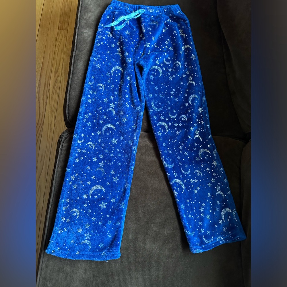 Pajama Pants Blue & Gold Metallic Moonstars Design Front Tie.Elastic Waist